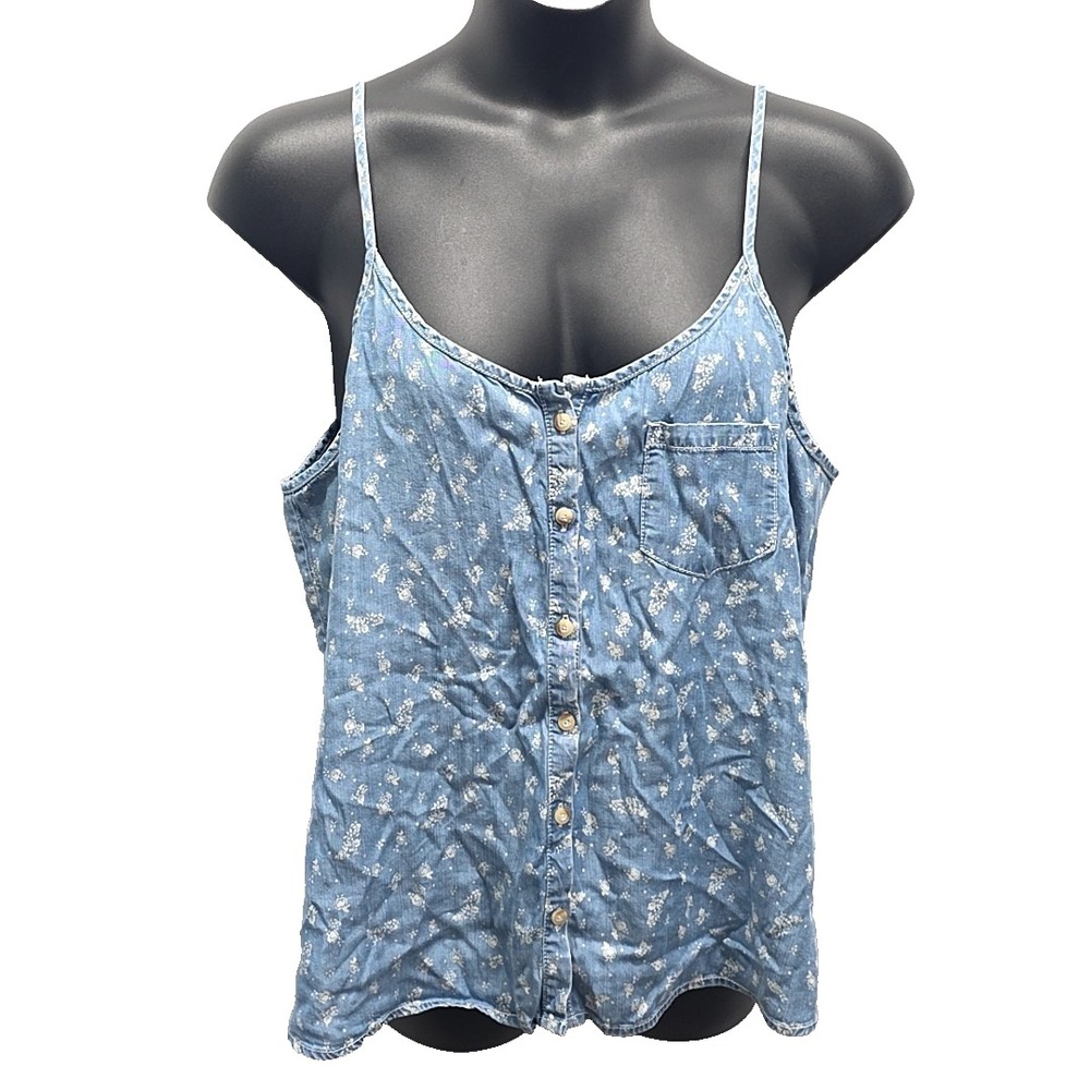 NWT Maurices Camisole Women XL Blue Floral Lace Trim Button Front Boho Tank Top